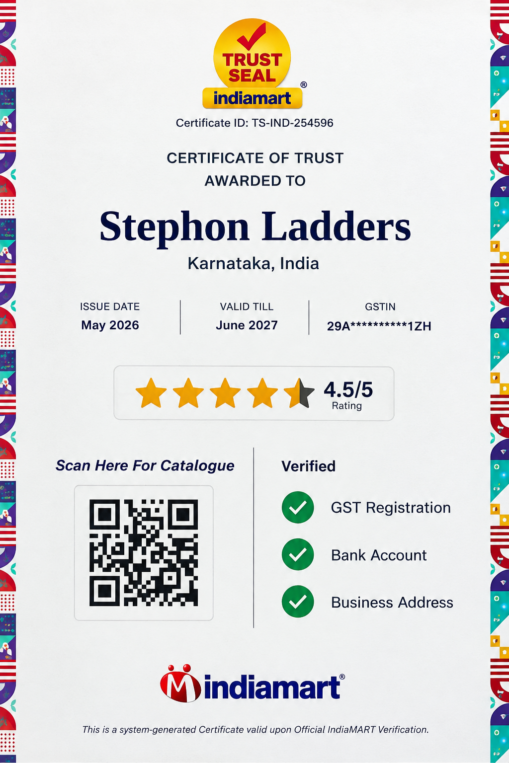 Stephon Ladders IndiaMART TrustSEAL Certificate